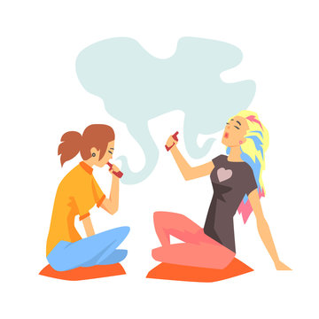 Young Hipster Girls Smoking Vaporizers Sitting On The Floor Illustration With Cool Vapers