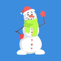 Alive Classic Three Snowball Snowman In Santa Claus Hat And Green Scarf Greeting Cartoon Character Situation