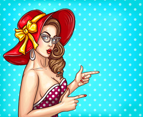 Vector pop art pin up illustration of a sexy girl in a luxurious hat and eyeglasses points to information about a sale. Excellent poster for advertising discounts and sales in the style of pop art
