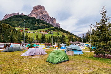 Camping is in the north eastern Dolomites near small village Misurina, Italy.   - obrazy, fototapety, plakaty