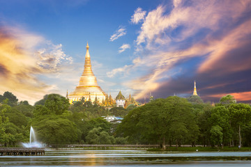 Yangon, Myanmar view of Shwedagon Pagoda with sunset time