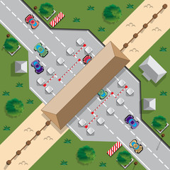 Checkpoint at the border. View from above. Vector illustration.