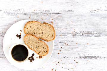cup of hot coffee with fresh bread on the white table, flat lay, Delicious for breakfast