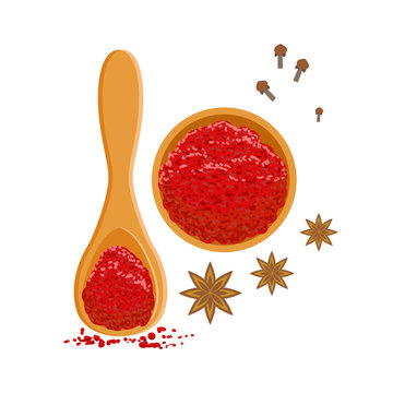 Paprika powder in wooden bowl and spoon, colorful cartoon illustration