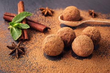 Chocolate truffle,Truffle chocolate candies with cocoa powder.Homemade fresh energy balls with chocolate.Gourmet assorted truffles made by chocolatier.Chunks of chocolate and coffee beans