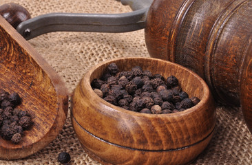 Mill for grinding pepper with a spatula on a wooden background