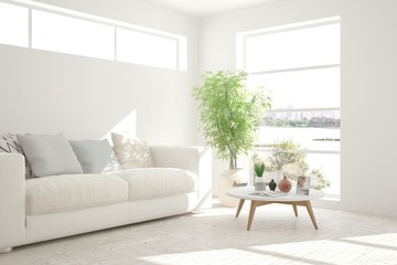 White room with sofa and urban landscape in window. Scandinavian interior design. 3D illustration