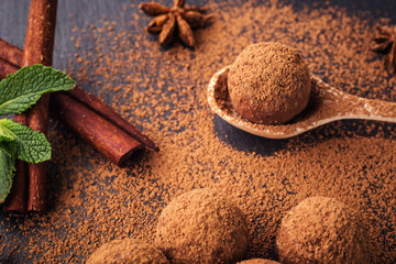 Chocolate truffle,Truffle chocolate candies with cocoa powder.Homemade fresh energy balls with chocolate.Gourmet assorted truffles made by chocolatier.Chunks of chocolate and coffee beans