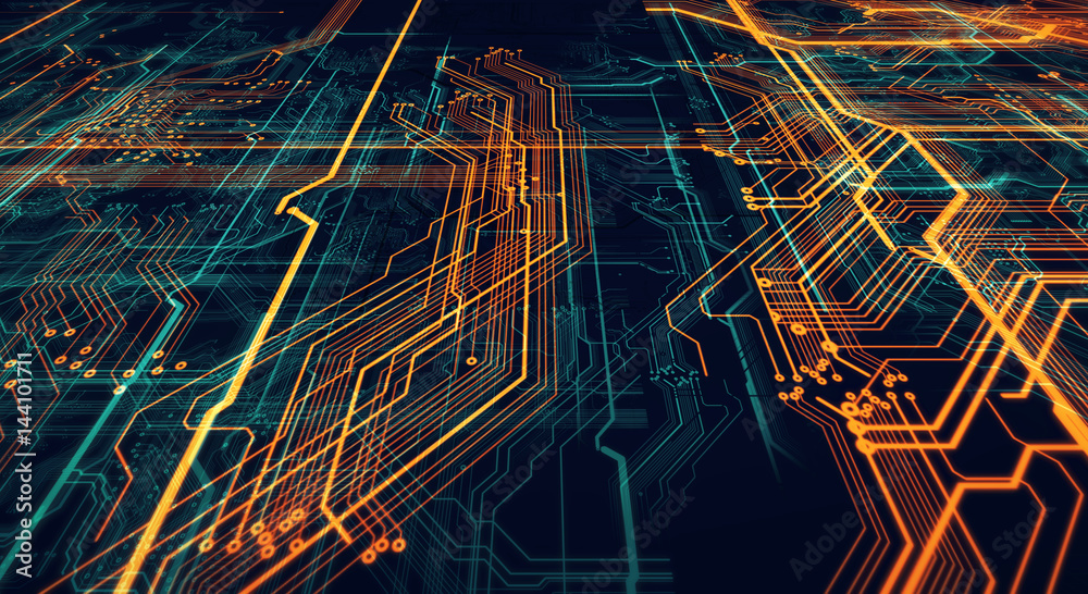 Aufkleber printed circuit board futuristic server/circuit board futuristic server code processing. orange, gre