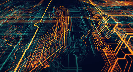 Printed circuit board futuristic server/Circuit board futuristic server code processing. Orange,  green, blue technology background