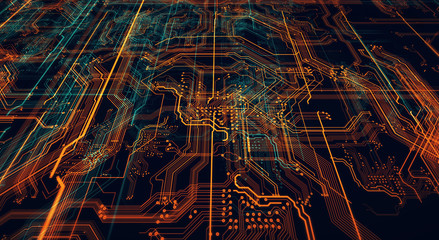 Printed circuit board futuristic server/Circuit board futuristic server code processing. Orange,  green, blue technology background