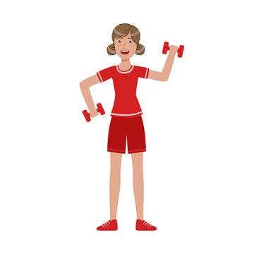 Young woman exercising with dumbbells. Colorful cartoon character