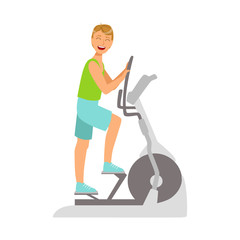 Young man working out using elliptical trainer. Colorful cartoon character