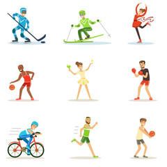 Adult People Practicing Different Olympic Sports Series Of Cartoon Characters In Sportive Uniform Participating In Competition