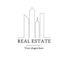 Real estate logo with skyscrapers and text on the white background 