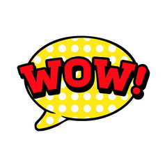 Wow, word in speech bubble, vector comic illustration in pop art retro style