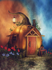 Baśniowy domek z dyni otoczony kwiatami © Obsidian Fantasy