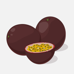 Bright juicy passion fruit on grey background. Sweet delicious for your design in cartoon style. Vector illustration. Fruit Collection.