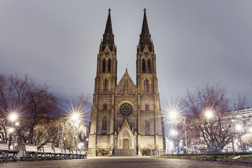 Fototapeta na wymiar Gothic Church of Saint Ludmila at night in Prague, Czech Republic.