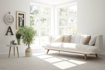 White room with sofa and green landscape in window. Scandinavian interior design. 3D illustration