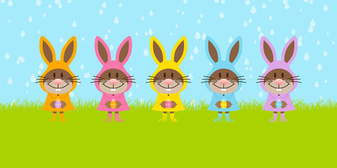 5 Easter Bunnies Color Raincoats Meadow Banner