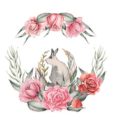 Fototapeta premium Hand painted watercolor charming combination of Flowers and Bunny isolated on white background