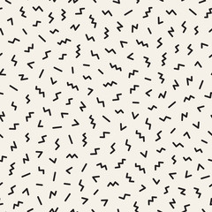 Scattered Geometric Shapes. Inspired by Memphis Style. Abstract Background Design. Vector Seamless Black and White Irregular Pattern.