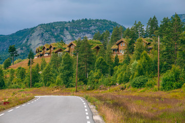 Traditional norwegian wooden houses in Norway mountains.