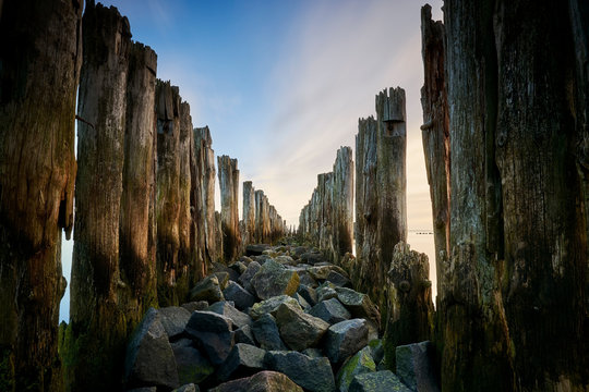 Wooden breakwaters line to the world war II torpedo platform at Baltic Sea, Babie Doly, Poland