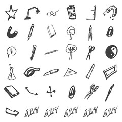 Freehand drawing school items on a sheet of exercise book. Back to School. Vector illustration. Set