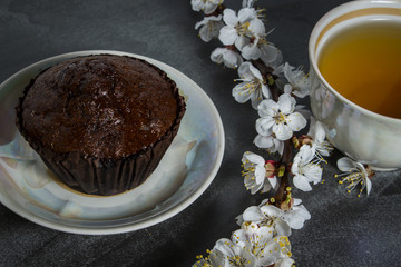A cup of tea with a branch of flowering apricots and a cupcake