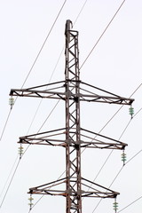 High voltage lines and a power pylon close up