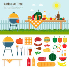 Fruit, wine, barbecue grill, watermelon on the grass, bbq flat vector illustration. Summer picnic on meadow under sky. - obrazy, fototapety, plakaty