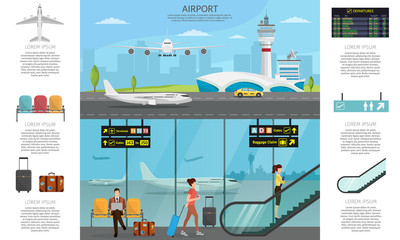 Airport passenger terminal and waiting room. International arrival departures background vector illustration airplane infographic