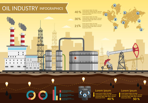 Vector Oil rig industry of processing petrol and transportation infographics set production elements.