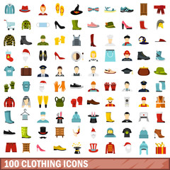 100 clothing icons set, flat style