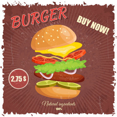 Colorful retro vintage cartoon poster of fast food vector with hamburger.