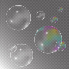 Soap colorful bubbles realistic transparent and background vector 3d set