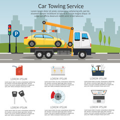 Tow truck city road assistance service evacuator of Online car help Flat design vector background illustration set
