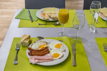 plate of fried eggs and sausages in a restaurant