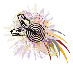 Imaginary animal symbol in grunge style. Two aggressive wolf head created by an eagle heads with spirals, colorful floral elements, feathers and a tail of a rooster