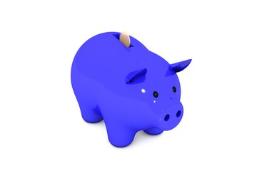 3d illustration: Acid dark cornflower blue color piggy bank with golden (copper) coin on a white isolated background