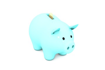 3d illustration: Acid light blue turquoise piggy bank with golden (copper) coin on a white isolated background
