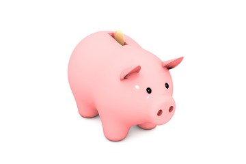 3d illustration: Pink piggy bank with golden (copper) coin on a white isolated background