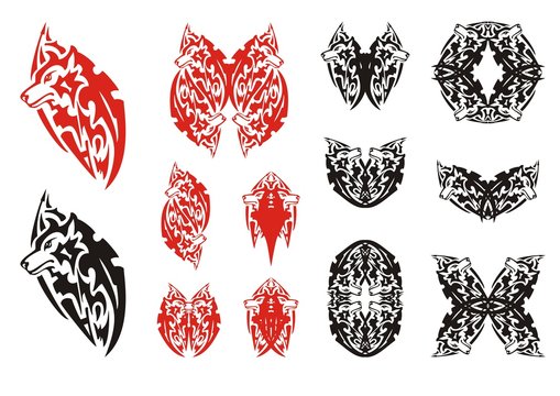 Wolf symbols in red and black options. The head of a wolf and the symbols formed from it