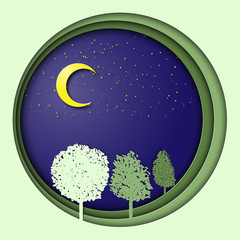 Naklejka premium Earth day 3d illustration with trees, in the night with moon and stars. Symbolism of ecology, eco system, planet, life and nature.