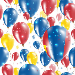 Mongolia Independence Day Seamless Pattern. Flying Rubber Balloons in Colors of the Mongolian Flag. Happy Mongolia Day Patriotic Card with Balloons, Stars and Sparkles.
