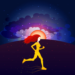 Running woman on sunrise sky background. Athletic jogging girl energy design. Flat style vector illustration.