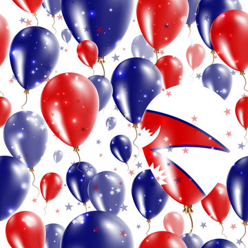 Nepal Independence Day Seamless Pattern. Flying Rubber Balloons in Colors of the Nepalese Flag. Happy Nepal Day Patriotic Card with Balloons, Stars and Sparkles.