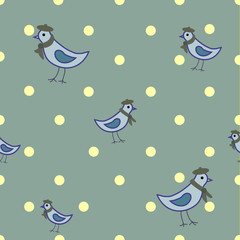 Seamless pattern of the little blue birds and cute yellow polka dots on the gray background. Can be used to create paper for wrapping gifts, wallpaper for children's rooms and fabrics, home textile